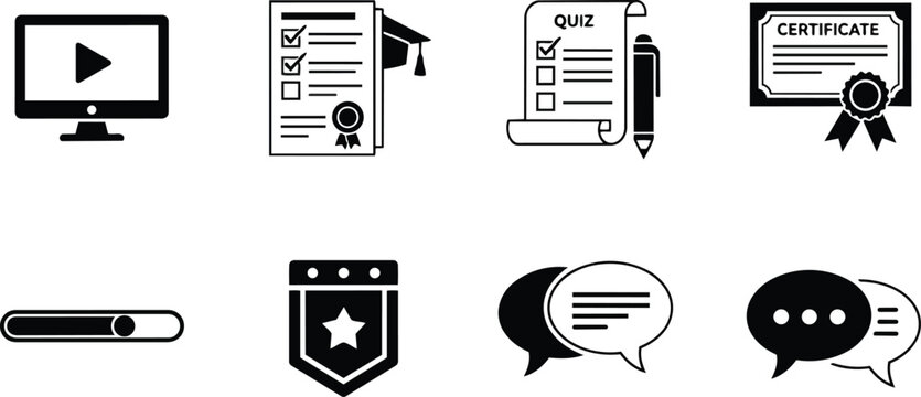 Flat line art education icon set close up monitor certificate quiz checklist graduation cap progress bar badge chat bubbles for coloring book simple bold monochrome