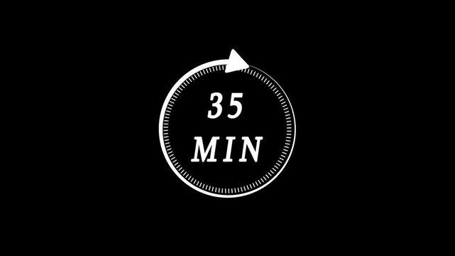 White color circle arrow refresh icon and 35 min timer icon animation.35 min time circle icon. Animation timer icon with 35 min. Clock, stopwatch, cooking time label , arrow.