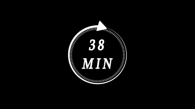White color circle arrow refresh icon and 38 min timer icon animation.38 min time circle icon. Animation timer icon with 38 min. Clock, stopwatch, cooking time label , arrow.
