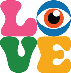 Naklejka premium Colorful wavy letters spelling the word LOVE with an eye replacing the letter O on a clean white backdrop
