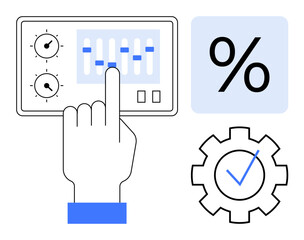 Obraz premium Automation, process control, data analysis, efficiency, system optimization, configurable settings. Hand interacting with control panel, gear with checkmark and percentage sign. Process control