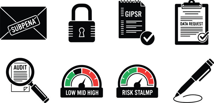 Monochrome vector line art close up eight legal icons showing envelope with subpoena padlock notepad data request audit magnifier risk meters pen clipboard for coloring book