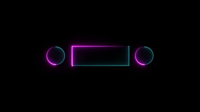Neon glowing sky color square rectangle picture frame icon animation border frame shape rotating display screen. on a black background .live streaming neon text frame animation.