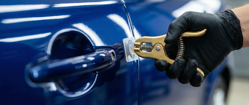 Paintless Dent Repair (PDR) process. Mechanic hand in black glove using golden hand lifter tool to fix a dent on a dark blue glossy car door. Auto body shop banner with copy space