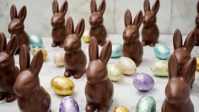 Chocolate Easter Bunnies Surrounded by Golden and Pastel Colored Foil-Wrapped Eggs on White Marble Background
