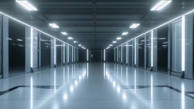 Modern data center corridor extends into the distance, featuring bright white glowing lights on clean, glossy floors and sleek server racks, creating a high tech, futuristic vision