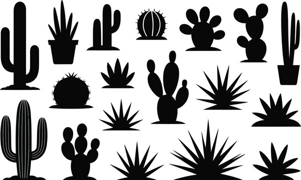Diverse collection of black cactus and succulent plant silhouettes on a clean white background