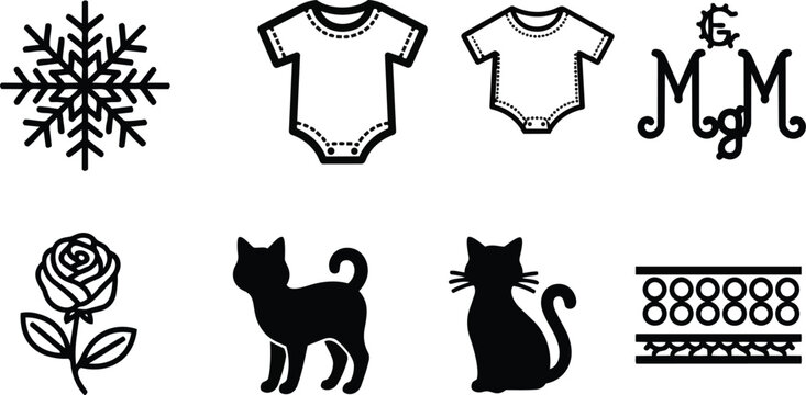 Minimalist icon set for coloring book featuring nine baby clothes snowflake rose and cat outlines in simple bold strokes close up top view flat vector art