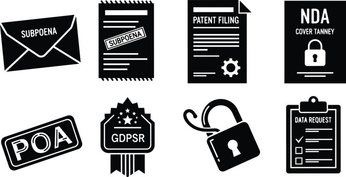 Monochrome vector art flat icons of legal documents and seals top view for coloring book simple bold outlines for traceable pages including padlock envelope clipboard stamp