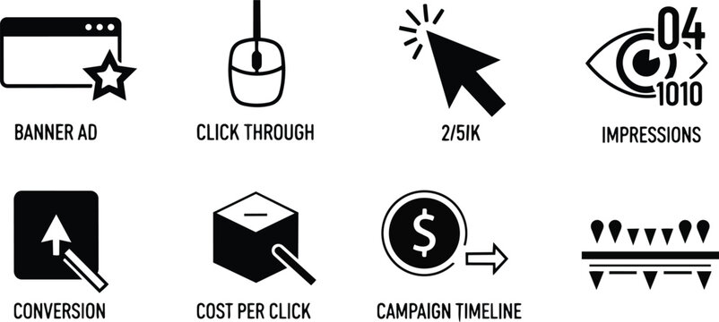 Minimalist icon set black and white marketing icons for coloring book label showing ad metrics click conversion cpc impressions campaign timeline flat simple outline vector pages
