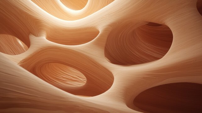A 3D rendering of a complex, organic structure with a series of interconnected, hollow shapes.