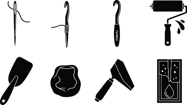 Coloring book vector art close up craft icons needle crochet hook paint roller spatula clay pot trowel soap mold black silhouette for coloring book line art