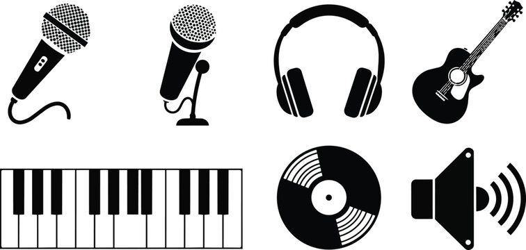 Minimalist vector music icons set for a coloring book featuring microphone headphones guitar piano keyboard vinyl record speaker simple bold black white outlines front view stencil