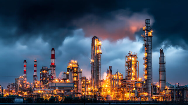 oil refinery at night factory exterior with smoking chimneys