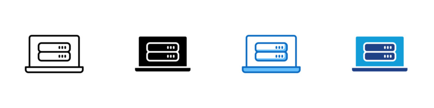 Server Storage Multiple Style Icon Design Vector - Laptop with server stack representing data storage, hosting system, and backend infrastructure management