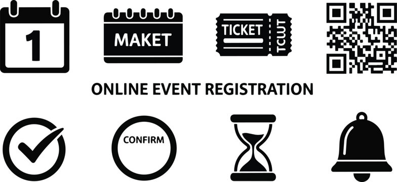 Simple line art event registration icons calendar ticket qr code check confirm hourglass bell bold outline printable pages black white hand drawn for a coloring book