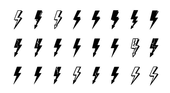 Lightning bolts hand drawn set with black grunge lines and distressed textures featuring bolt, electricity, thunder with weather and storm elements