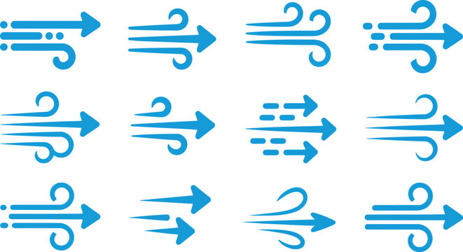 Multiple blue arrow icons depicting wind, air currents, and fast paced forward movement