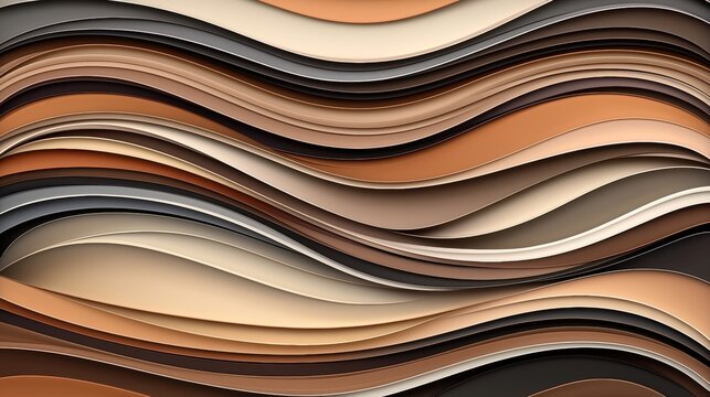 A vibrant abstract composition of overlapping curved shapes in various shades of brown, beige, and orange.