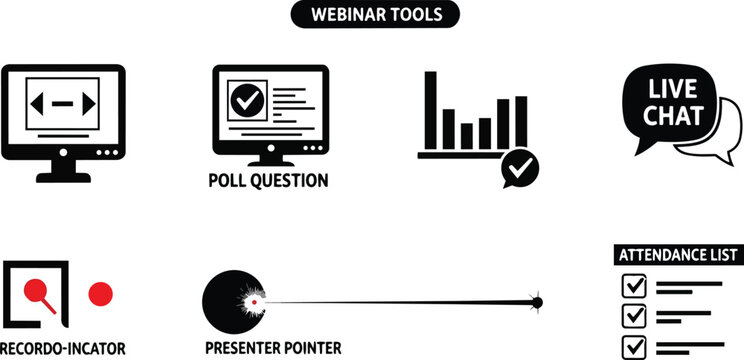 Flat design webinar tools icon set for coloring book with desktop poll chat presenter pointer attendance list and recording indicator in simple outline style black white