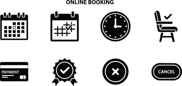 Vector icon set for coloring book showing calendar booking clock seat payment badge and cancel buttons simple bold line art for children activity educational printable pages