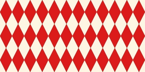  ​Seamless red and cream harlequin pattern. Classic diamond lozenge grid vector background for circus, carnival, and vintage aesthetic wallpaper or textile design. © Muhamad