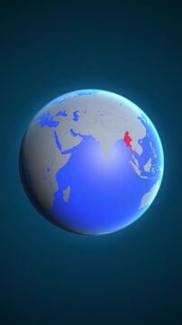 The animation shows a graphic representation of the earth and highlights the location and map of Myanmar colored red in vertical format.
