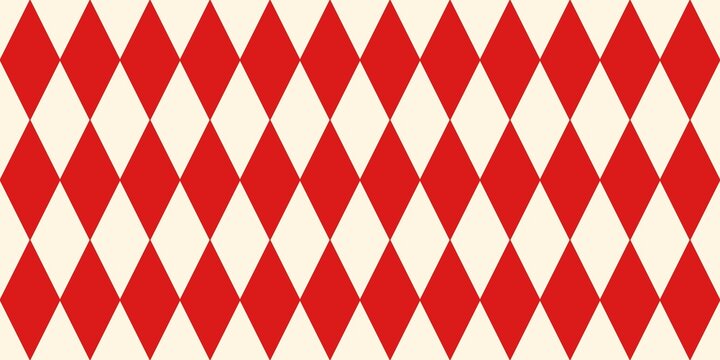 
​Seamless red and cream harlequin pattern. Classic diamond lozenge grid vector background for circus, carnival, and vintage aesthetic wallpaper or textile design.
