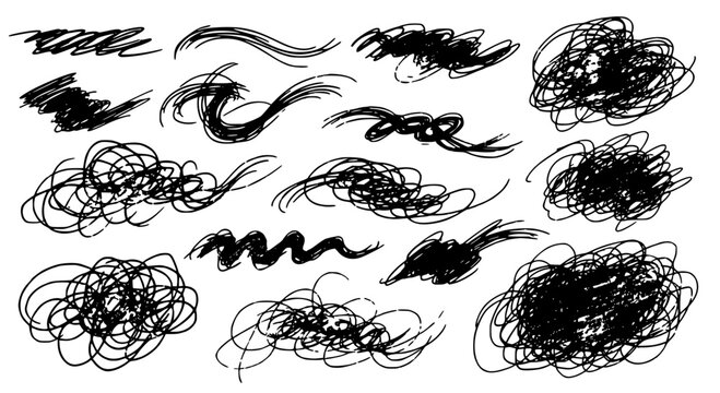 Scribbles hand drawn set with black curved lines and grunge scrawls on white background featuring doodle, swirls, scribble with messy and abstract