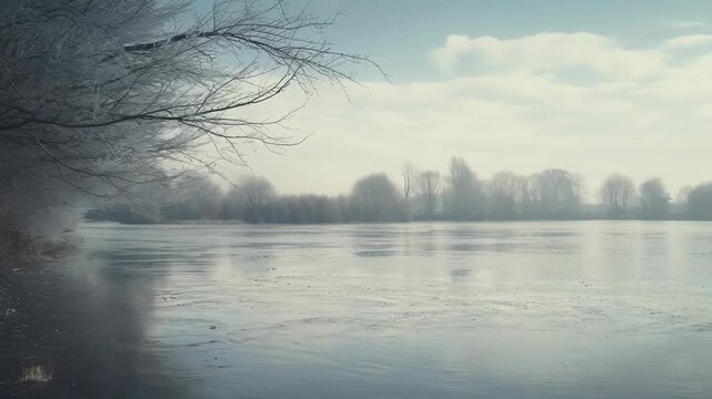 Calm winter water mirrors a misty morning sky and a row of bare, desolate trees along the frosty bank, evoking tranquil solitude and cool, ethereal stillness