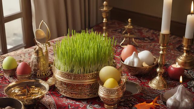 Festive Nowruz Table Setting with Sprouts, Eggs, and Traditional Persian Decor for New Year Celebration.