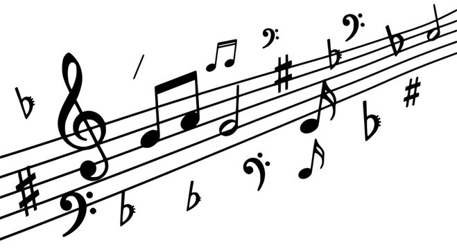 Music notes and symbols on five-line staff with treble clef, sharp and flat signs, and various rhythmic patterns