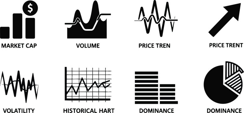 Minimalist vector icon sheet of financial charts and symbols for a coloring book showing bar chart coin arrow pie chart and waveform in bold outlines clear