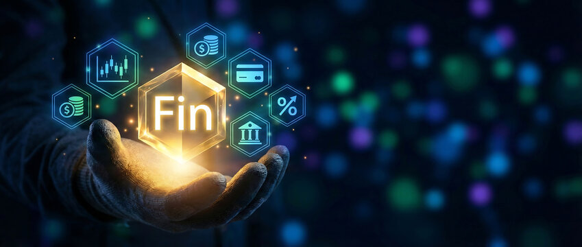 Hand holding glowing fintech innovation icon with digital finance technology hologram elements and futuristic background