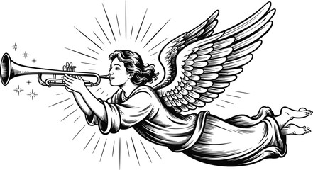 Naklejka premium Angel blowing trumpet with radiating light music sound