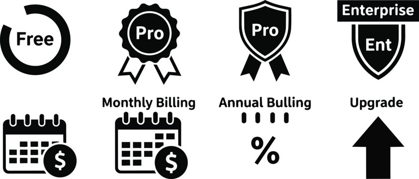Minimalist line art close up subscription icons free pro enterprise calendar billing percentage upgrade for coloring book simple bold outlines vector single stroke black white page