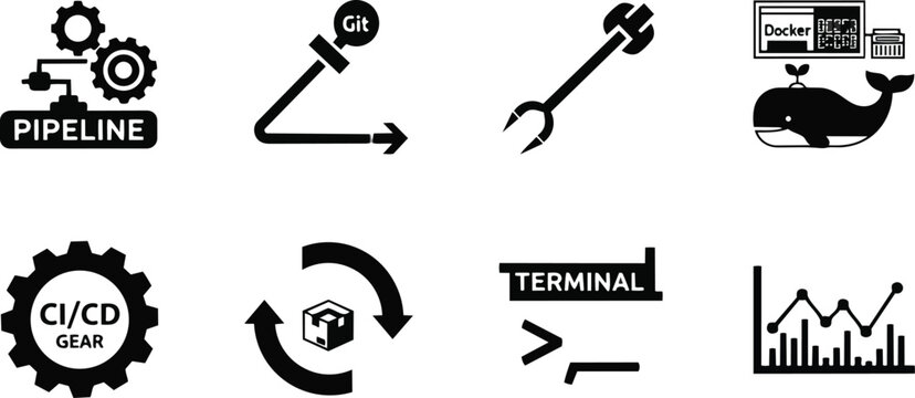 Minimalist vector icon set close up devops tools pipeline git wrench docker whale terminal ci cd cycle analytics graph black outline printable for a coloring book