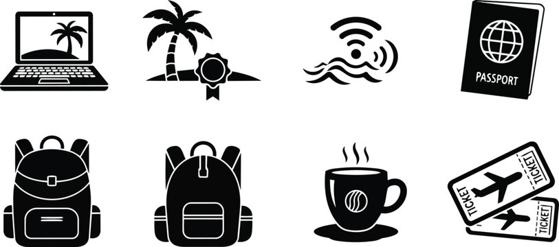 Flat travel icon set for coloring book showing passport and plane tickets backpack laptop palm tree coffee cup wifi signal and beach medal front view outlines