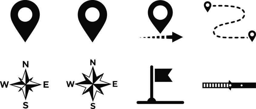 Vector coloring book page with map icons including location pin arrowed dashed route compass rose simple flag marker and belt strap outlines for kids coloring activity
