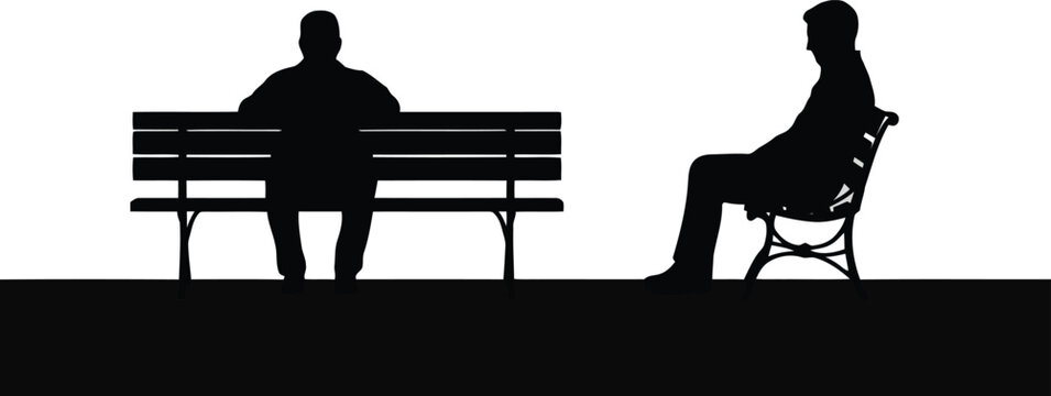 Silhouettes of two men sitting on public park benches from the back and side views