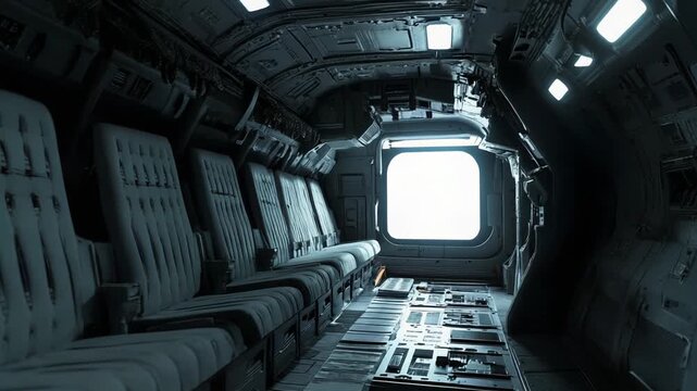 Spaceship cabin interior, featuring a row of futuristic passenger seats along the bulkhead and a bright view through a large window, conveying modern space exploration and travel