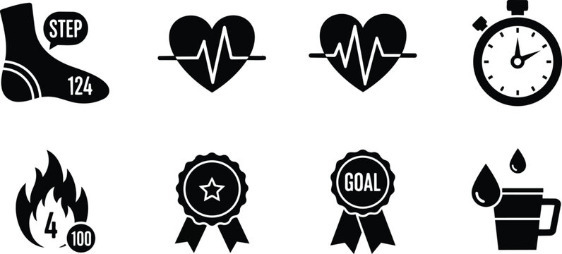 Vector icon sheet for coloring book fitness health heart pulse stopwatch flame water cup step counter medals goal ribbon activity tracker simple line art outline black