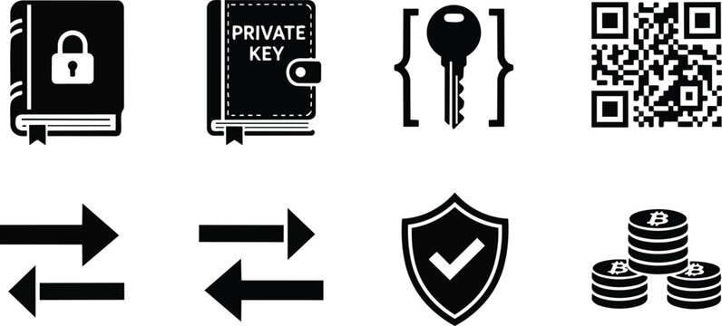 Minimalist vector icon set close up crypto security icons style including padlock private key symbol bracket qr code exchange arrows shield coins for a coloring book