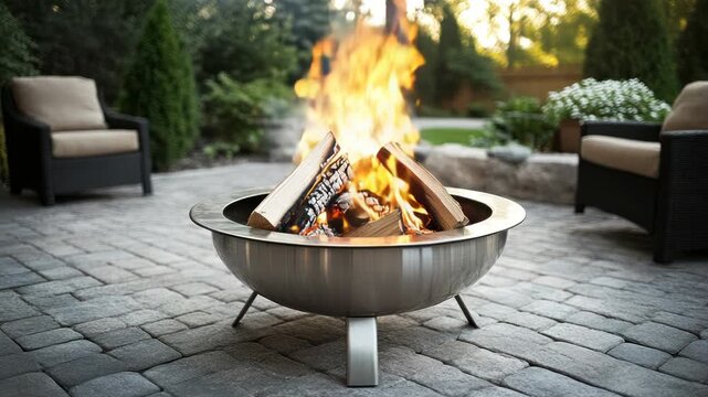 A fire pit with burning wood, placed on a paved patio, with outdoor chairs in the background