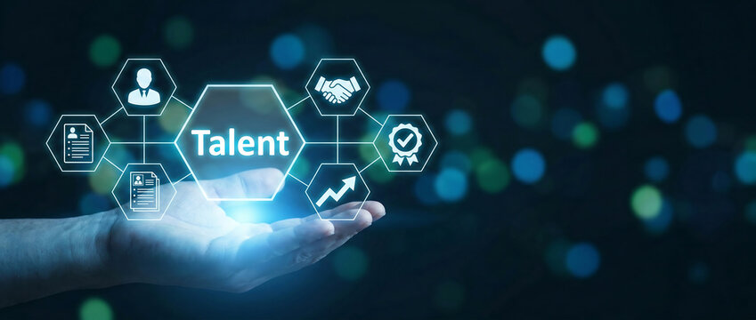Hand holding glowing talent hexagon icon with business and career symbols in futuristic digital background