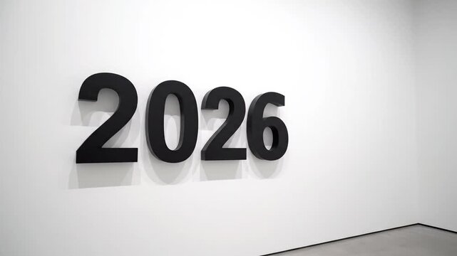 A minimalist video showing black 3D numbers '2026' mounted on white gallery walls, slowly zooming in across eight seconds with subtle lighting shifts and perspective changes.