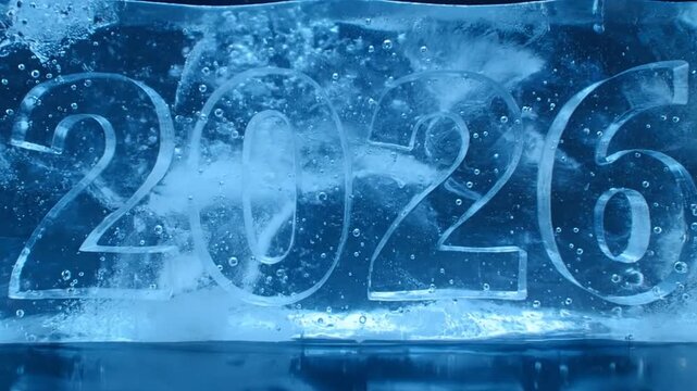 An ice block with 2026 engraved melts slowly, revealing bubbles and texture changes under blue lighting, symbolizing time passing or climate themes.