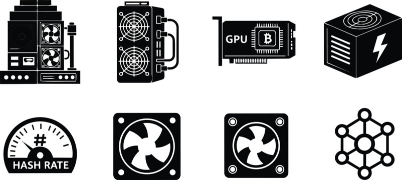 Monochrome vector mining icons set close up gpu rigs power supply fans hash meter mining network for a coloring book page bold outlines simple clear printable