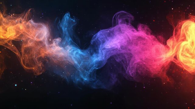 A vibrant cosmic display with swirling nebulas of orange, blue, and pink against a starlit background