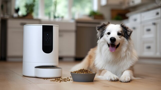 Smart automatic pet feeder with a happy dog waiting for its meal in a modern kitchen